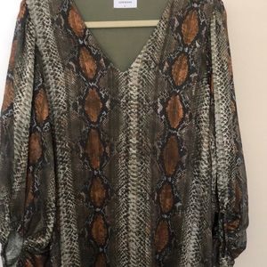 Adrienne Olive Green and Rust Snake Print V-Neck Blouse
